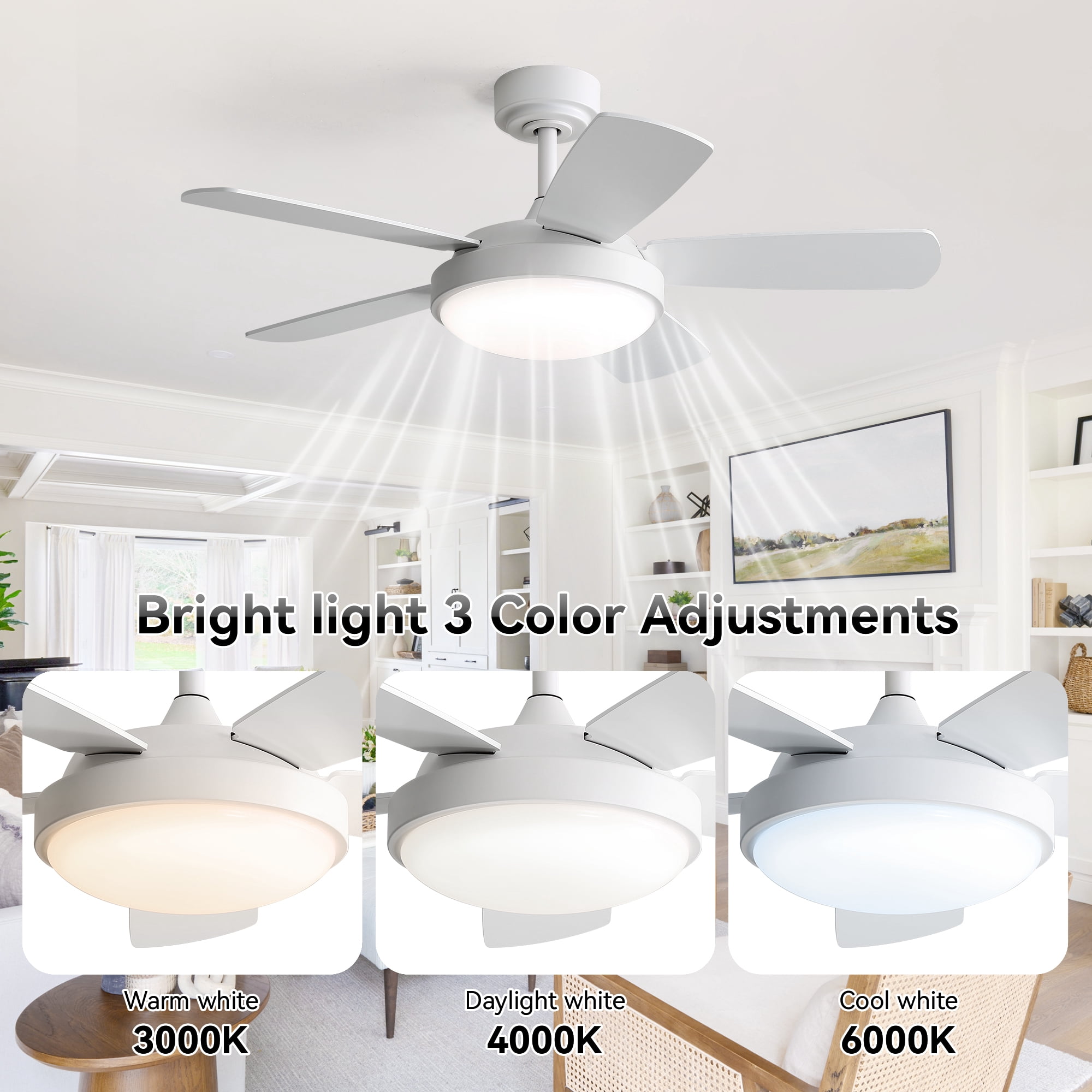 Sofucor 42 inch 5 Blade Modern Ceiling Fan With Light and Remote Control，White