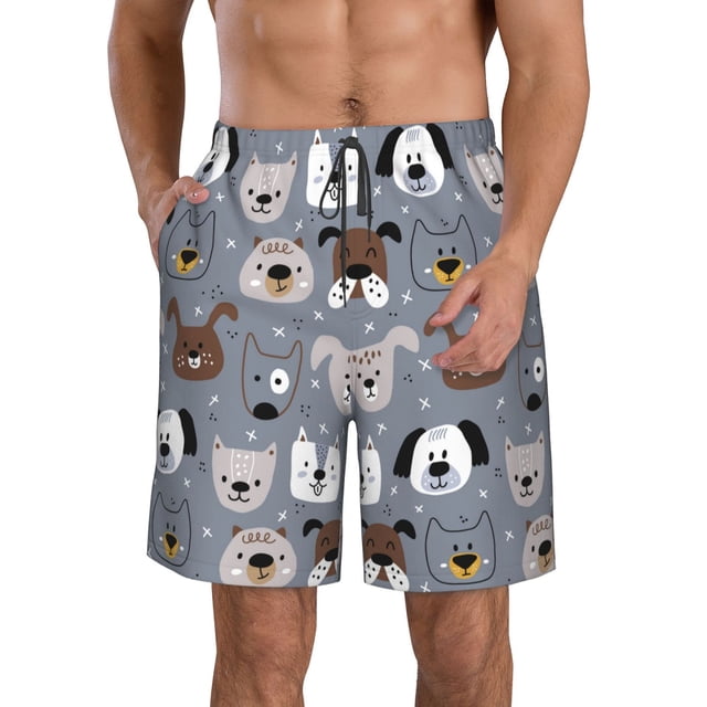 Lsque Motif de Visages de Chiens Mignons Maillots de Bain pour Hommes Shorts de Bain Hawaïens Séchage Rapide avec Poches-Petit