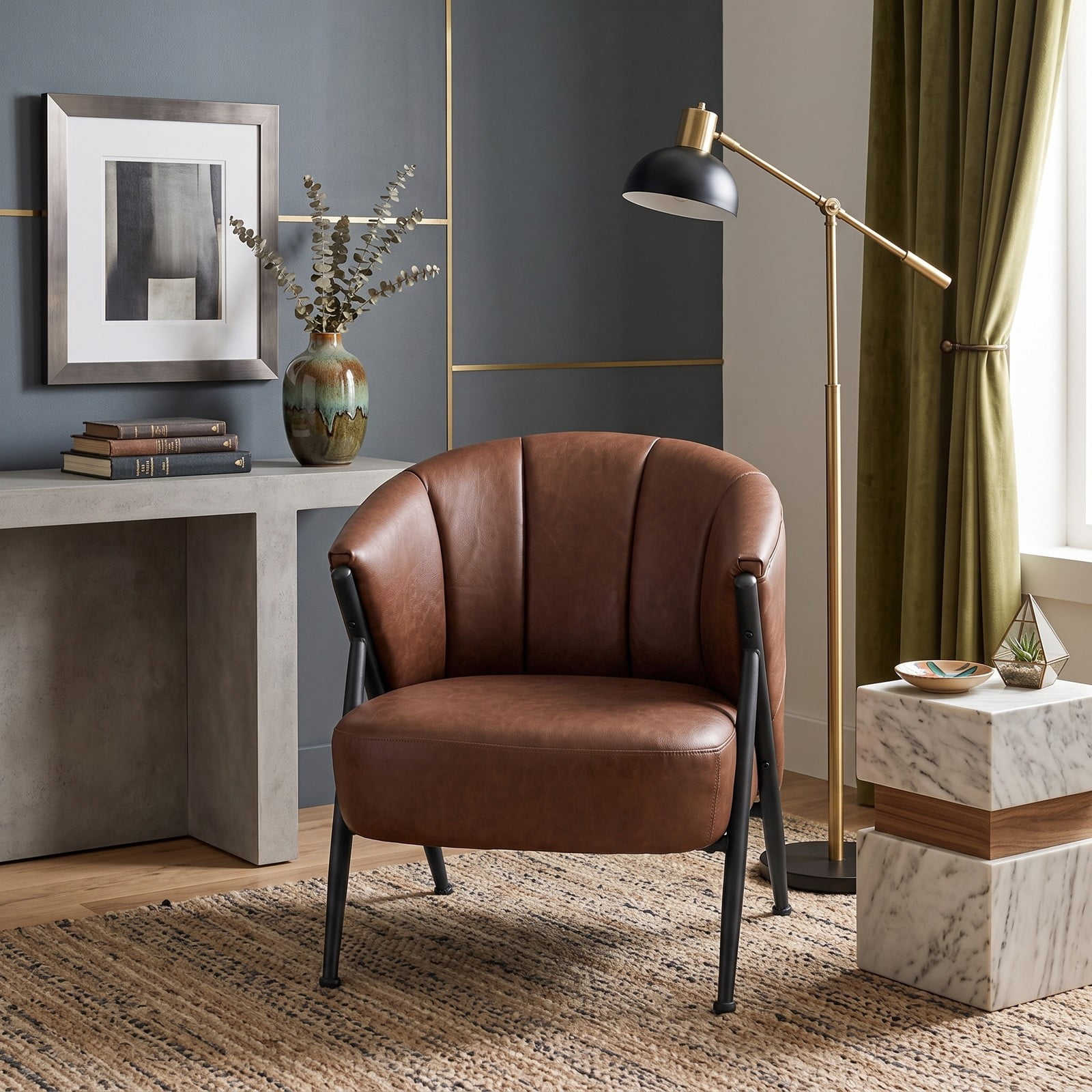 Furnibear Mid Century Modern Accent Chair, Comfy Upholstered Armchair with Curved Backrest and Wide Seat, 352 lbs Capacity Reading Lounge Chair for Living Room, Brown