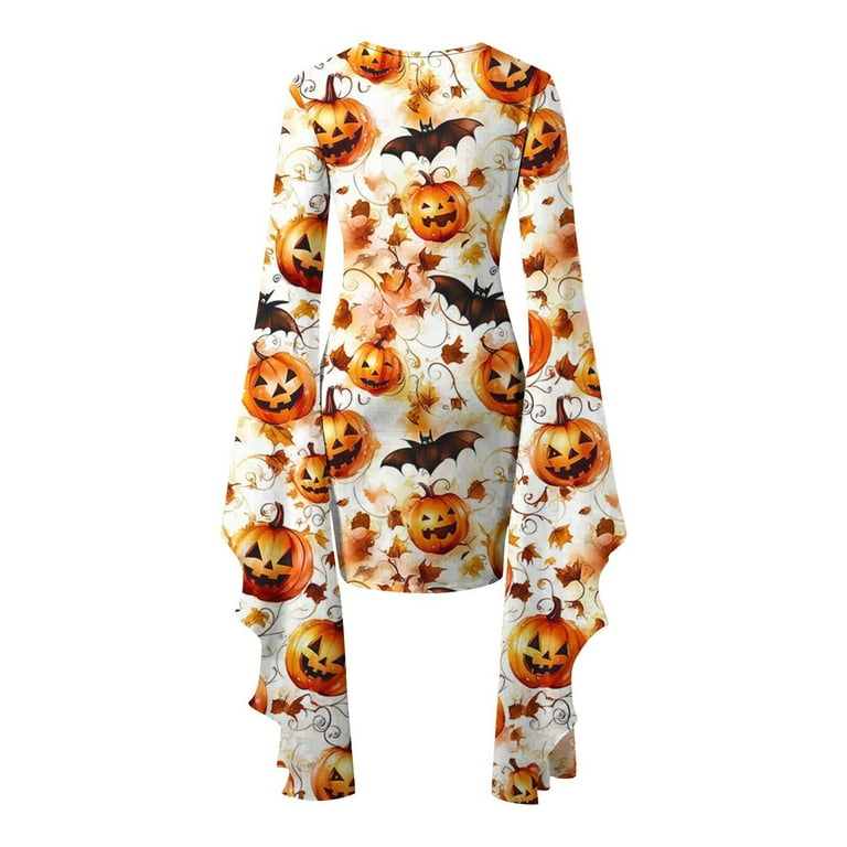 ghost mini dress WRFWUL Womens Halloween Ghost Print Long Bell Sleeve Mini Dress  Asymmetrical Hem Cute Spooky Party Costume Tunic