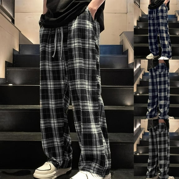 DDAPJ pyju Plaid Pants for Men Drawstring Straight Wide Leg Pants Baggy Comfy Lounge Trousers with Pockets Black M