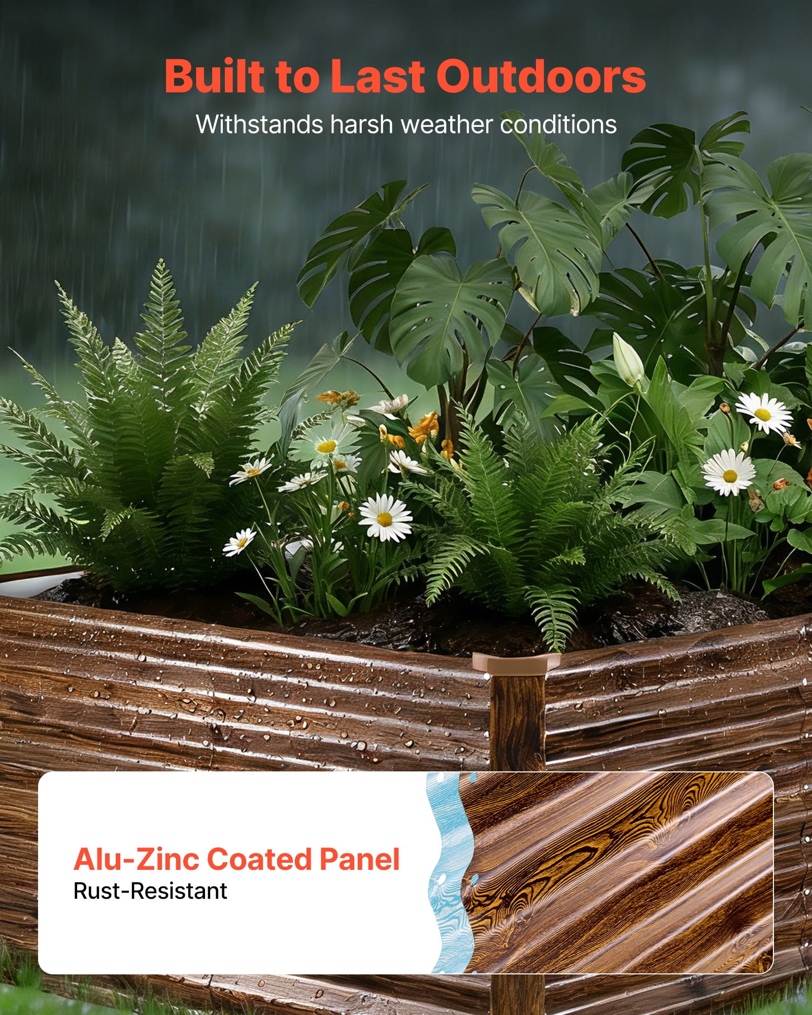 VEVOR Galvanized Raised Garden Bed, 8 x 4 x 2 ft, Rectangular Metal Planter Box Kit Outdoor, Bottomless Elevated Planting Box with Gloves, Alu-Zinc, for Growing Flowers Vegetables, Deep Wood Grain
