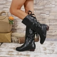 thumbnail image 2 of Wide Calf Riding Boots for Women Lace up Splice Slouchy Leather Low Stacked Heel Round Toe Pull on Winter Fall Mid Calf Booties, 2 of 7