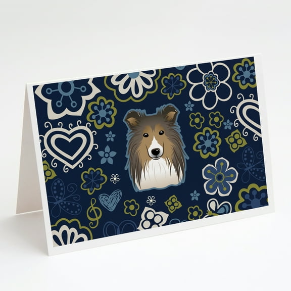 Blue Flowers Sheltie Greeting Cards and Envelopes Pack of 8