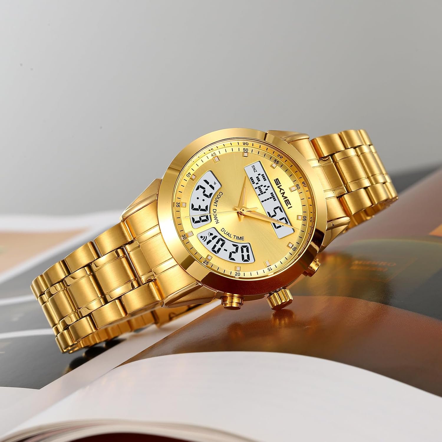 Men's Fashion Stainless Steel Round Digital Analog Quartz Watches LED Backlight Date Day Chronograph Waterproof Dress Wristwatch Black Gold Silver