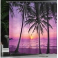 thumbnail image 2 of Ocean Shower Curtain, Palm Trees Silhouette at Sunset Dreamy Dusk Warm Exotic Twilight Scenery Image, Fabric Bathroom Set with Hooks, Purple Black, by Ambesonne, 2 of 4