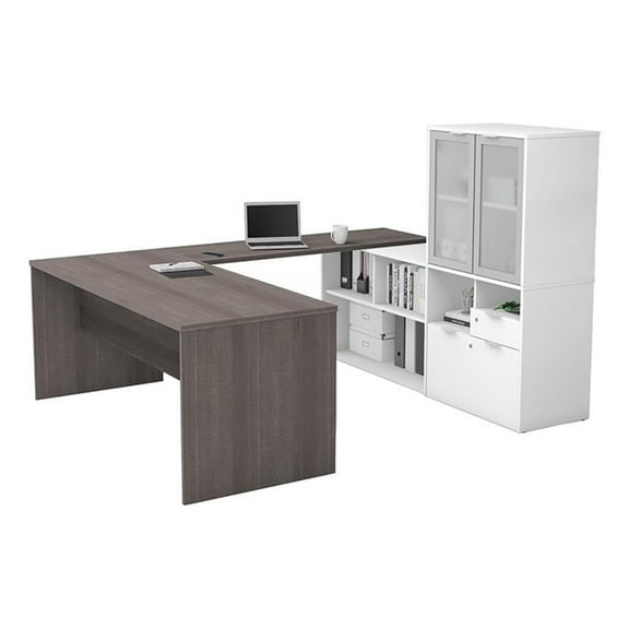 Atlin Designs Contemporary Wood U Shape Computer Desk with Hutch in Gray/White