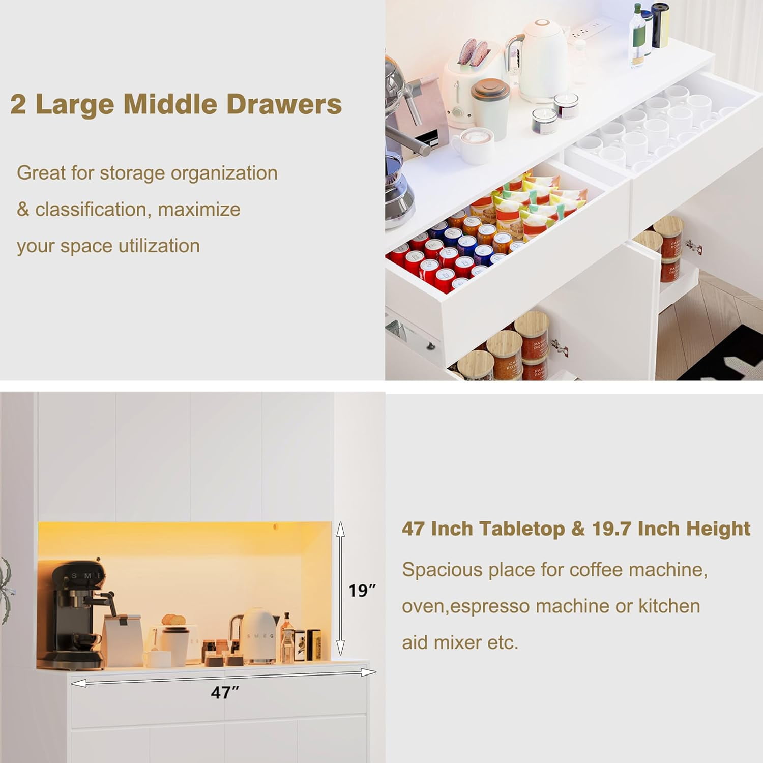 71'' Tall Coffee Bar Cabinet with LED Light & Power Charging Station, 47"W Modern Kitchen Pantry Hutch w/ 8-Door Storage Cabinet & 2 Drawers 4 Adjustable Shelves