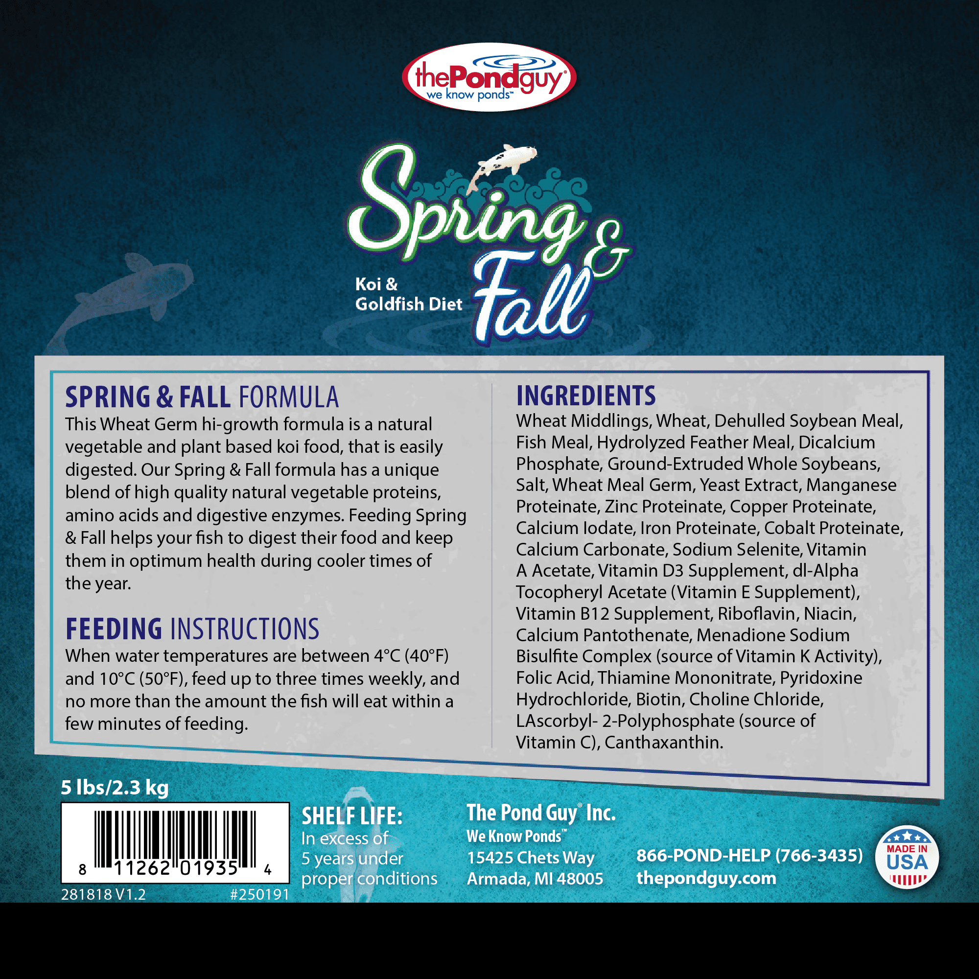 The Pond Guy Spring & Fall Wheat Germ Fish Food for Koi & Goldfish, Premium Cold Weather Floating Pellets, Healthy Formula for Winter Nutrition, 12 lbs