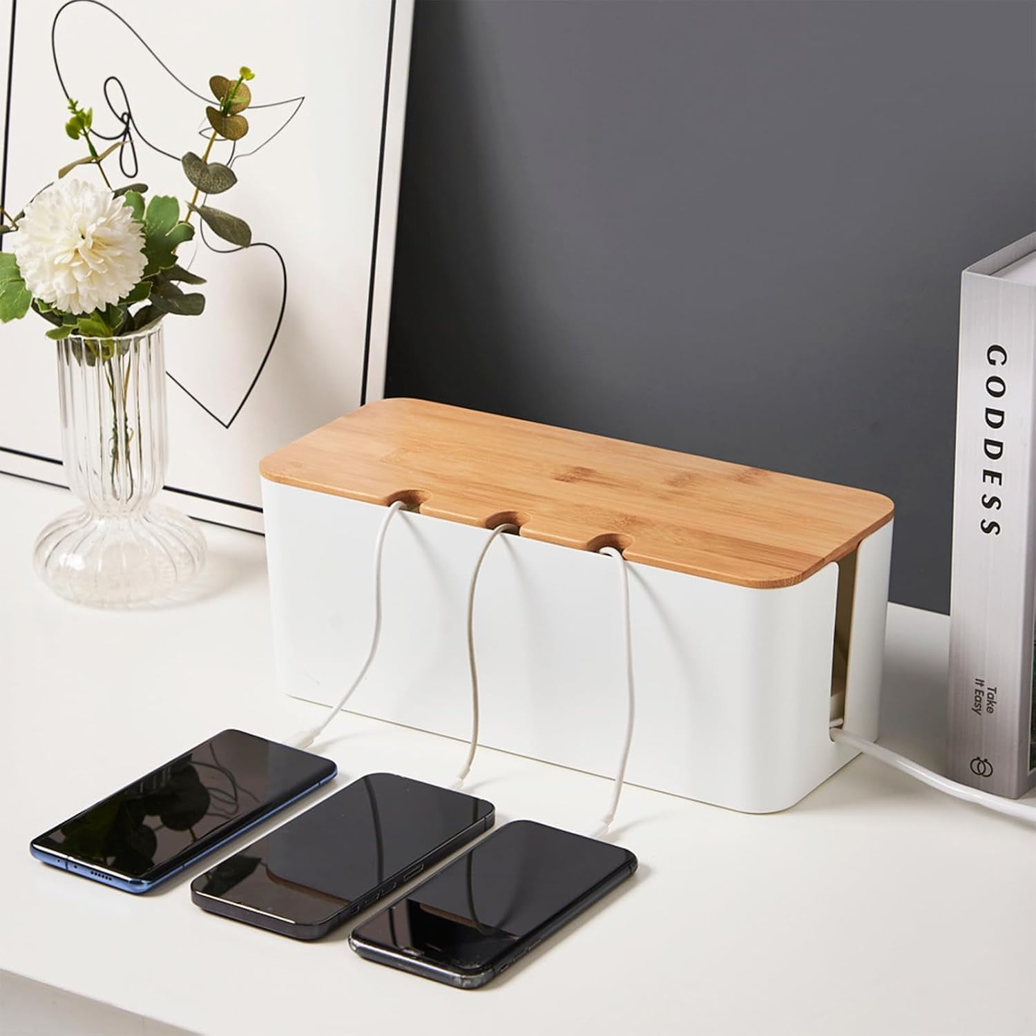 Extension Cord Organizer Cable Management Box Desk Cord Organizer for Office (Black bamboo cover with three holes)