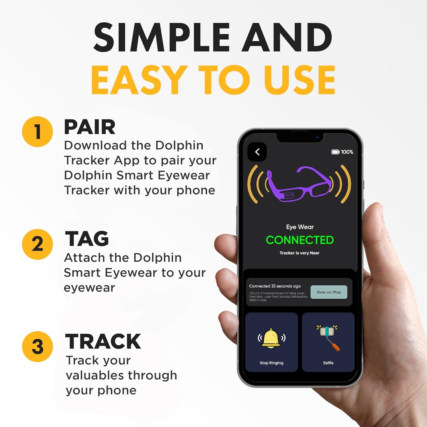 Spec Finder for Android | Dolphin Eyewear Tracker | tag8 Glasses Tracker Compatible with Android and Apple ioS | Prevents Loss with Configurable Separation Alarm | Compact Rechargeable Battery