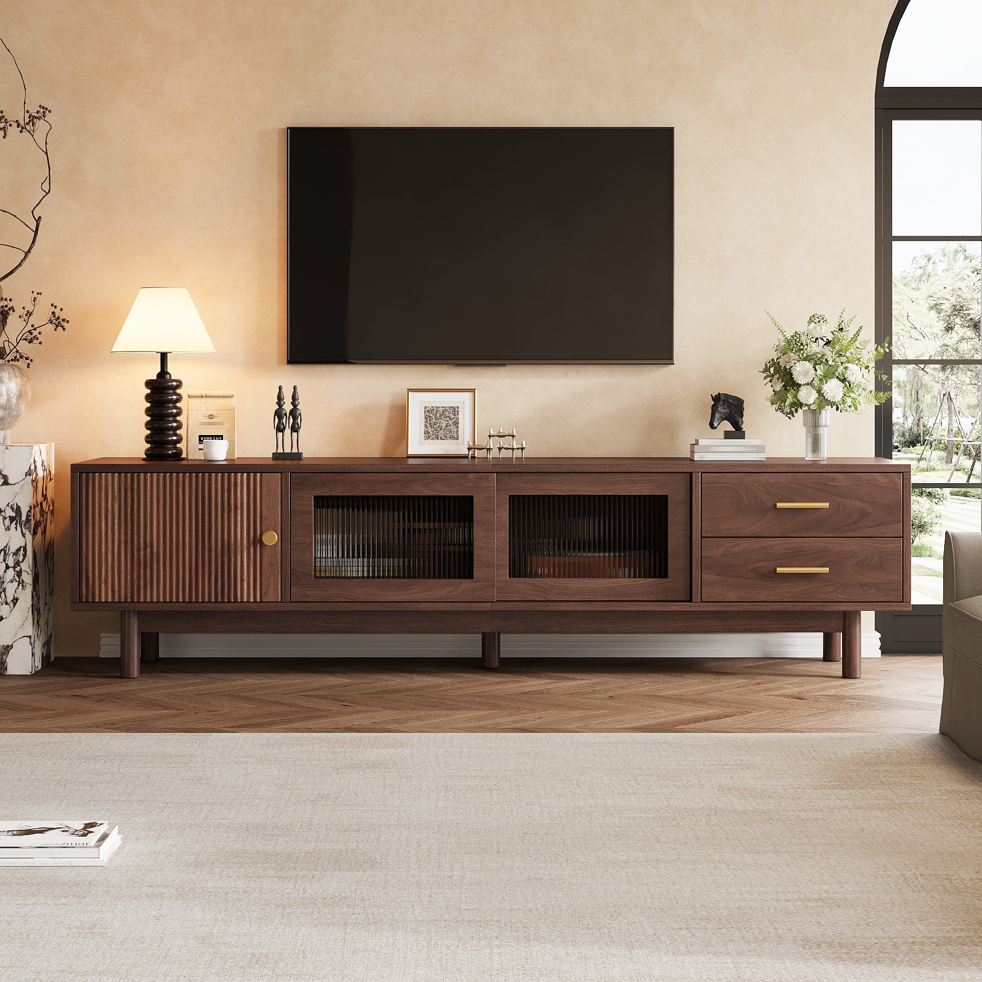 TV Stand for TVs up to 80 Inch, Entertainment Center with Glass Sliding Doors & 2 Drawers, Mid-Century Modern Media Console for Living Room