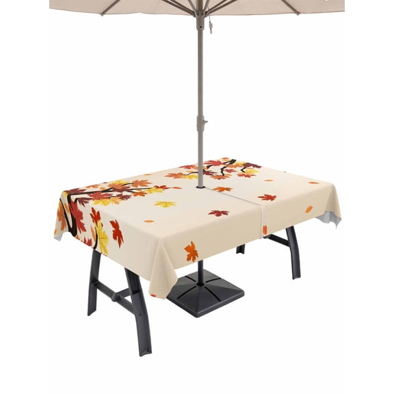 Outdoor Tablecloth with Umbrella Hole and Zipper, Maple Leaf Fall Rectangle Table Cloth 54x80 Inch Waterproof Tablecloth, Thanksgiving Botanical Branches Picnic Table Cover for Patio Camping