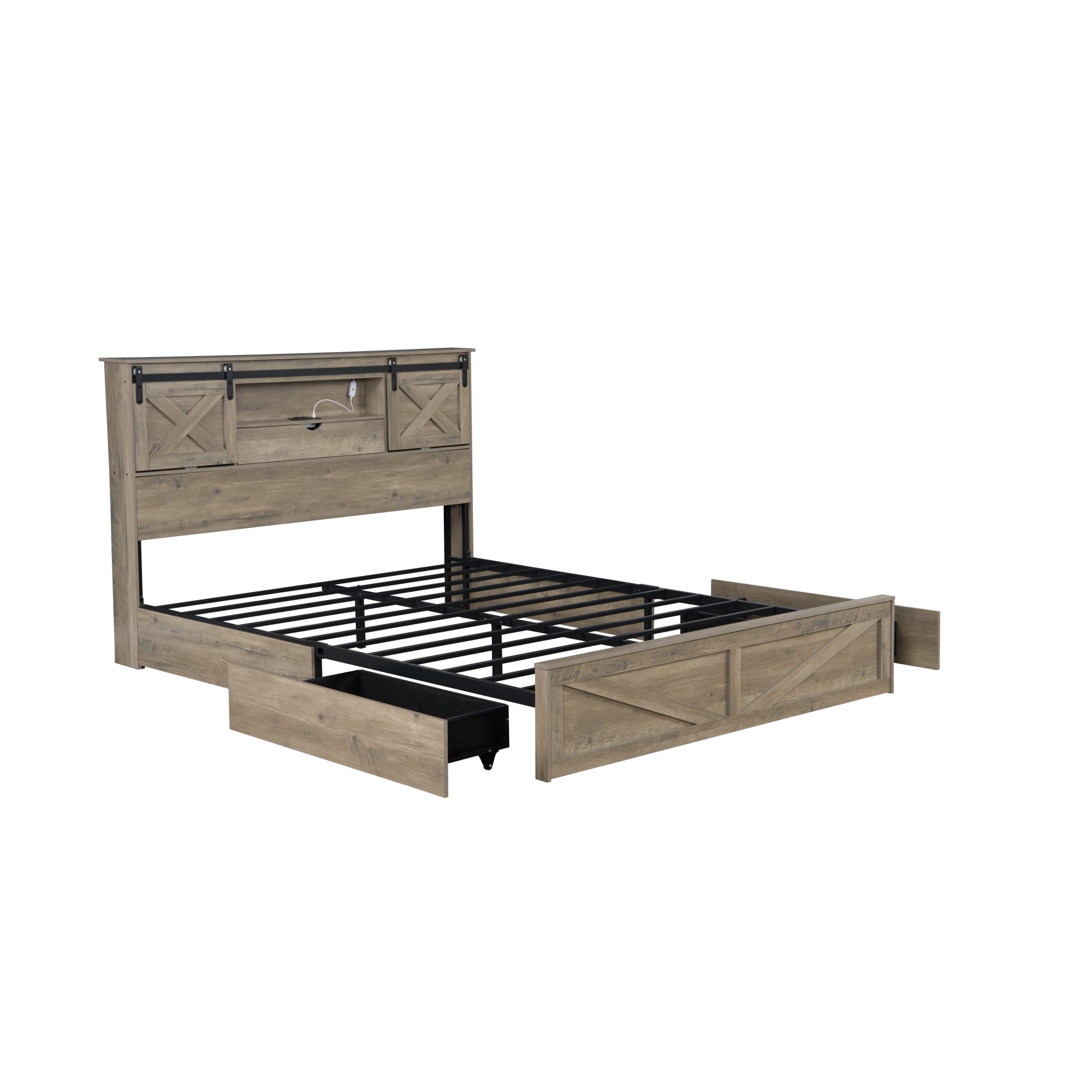 Jopath Queen Size Farmhouse Bed Frame with LED Lights and Charging Station, Wooden Queen Bed with 2 Storage Drawers, Rustic Headboard with Sliding Barn Door Storage Cabinets for Teens Adult