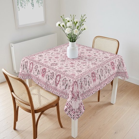 Waterproof Tablecloth Seamless Pink Flower Pattern Square Table Cloth 60x60in,Wipeable Washable Table Cover Rustic Floral Leaves Plant Tablecloths for Dining Tables Kitchen Picnic Outdoor Party
