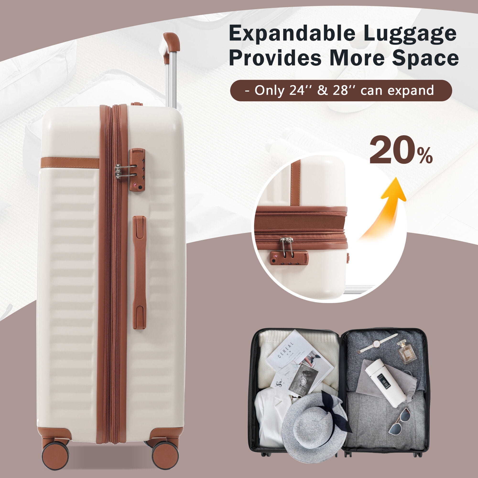 Hardside Suitcase, Luggage Set 5 Piece, Hardside Carry on Suitcase , Expandable Luggage with Travel Bags Spinner Wheels TSA Lock, Brown+White Hardside Luggage,Abs Hardside Checked Luggage