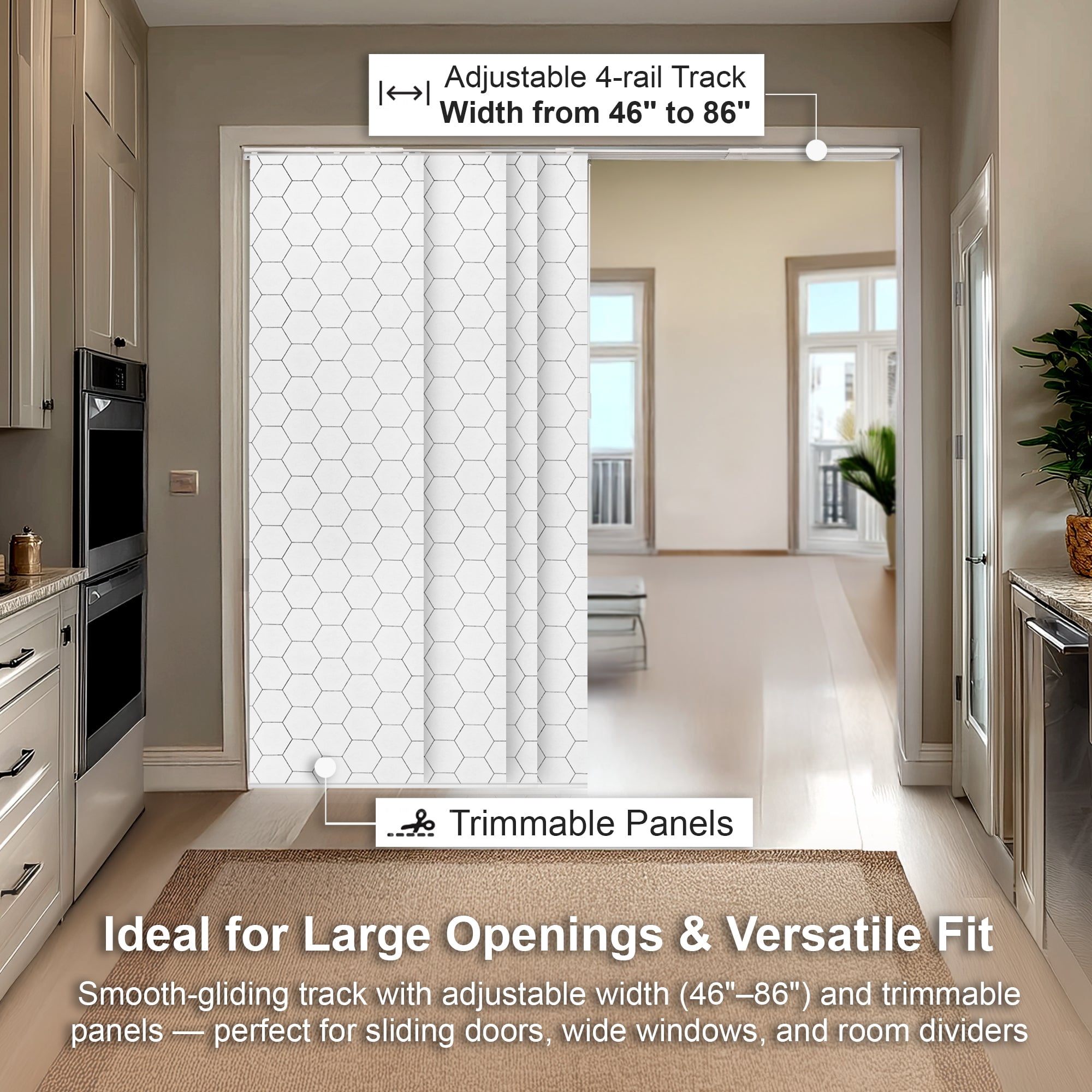 Chicology Adjustable Sliding Panel Blinds. Hexagon, 46"-86"W X 0"-96"H
