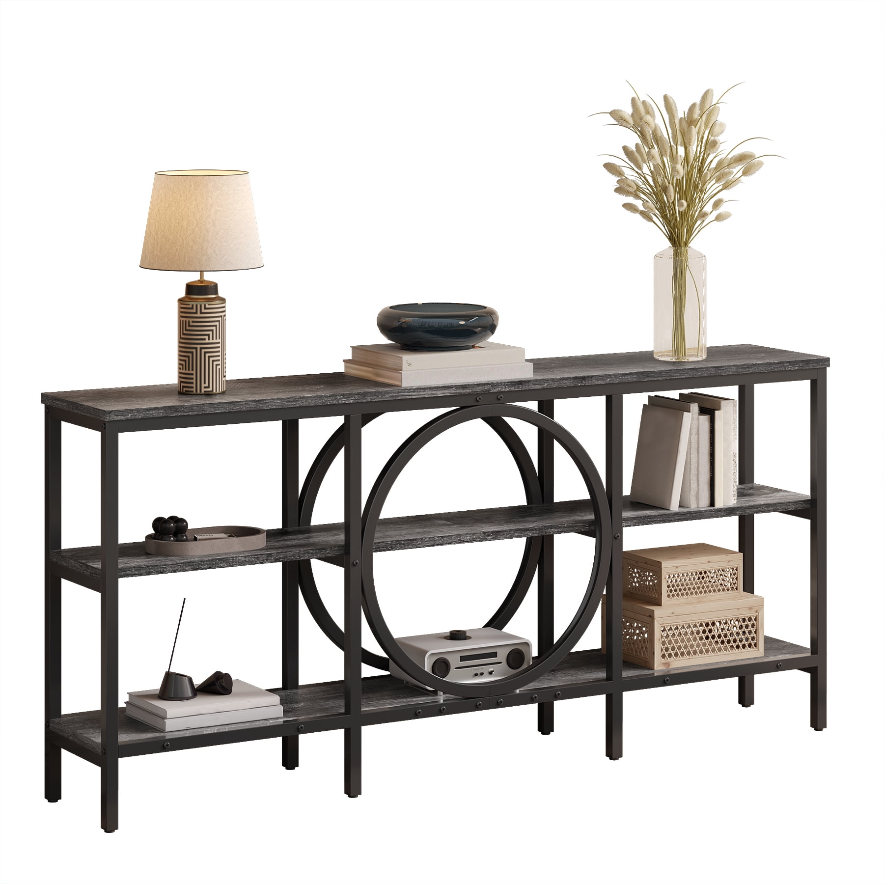 Tarnorci 66.9 Inch Extra Long Sofa Table, Narrow Long Sofa Console Tables Behind Couch Table with Open Storage Shelf, Gray+Black