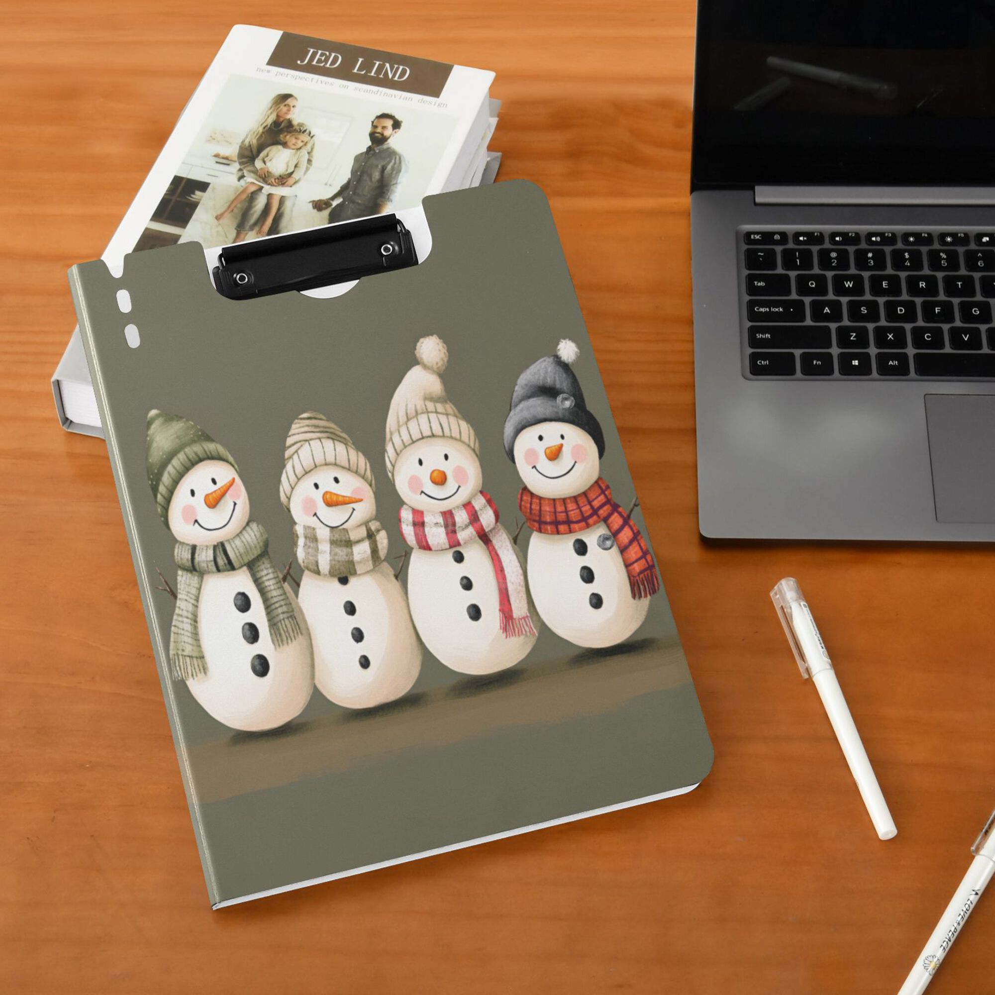 FORMRS A4 Clipboard Folder with Pen Holder Horizontal Foldable School Office Binder, Cute Snowmen