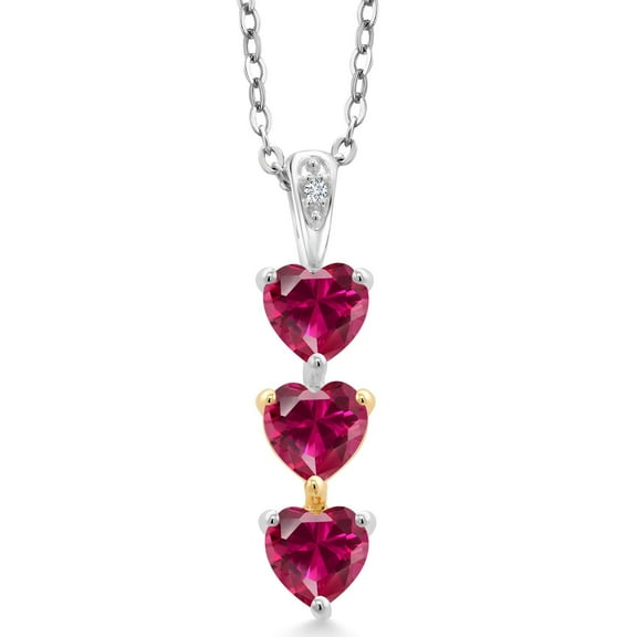 925 Sterling Silver and 10K Yellow Gold Red Created Ruby and White Lab Grown Diamond 3 Stone Heart Shape Pendant Necklace for Women By Keren Hanan (1.81 Cttw, with 18 inch Silver Chain)