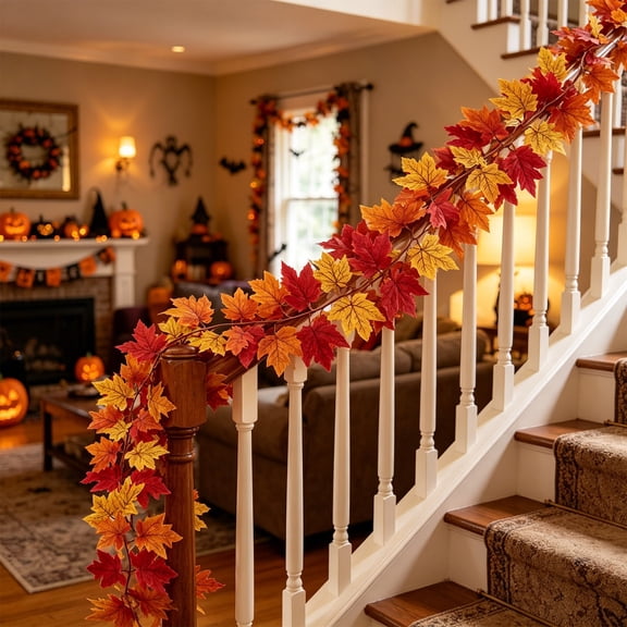Artificial Maple Leaf Wreath 180Cm Fall Thanksgiving Outdoor Hanging Ivy Decor, Fall Foliage Wicker for Fireplace Mantel Stair Door Window Indoor Outdoor