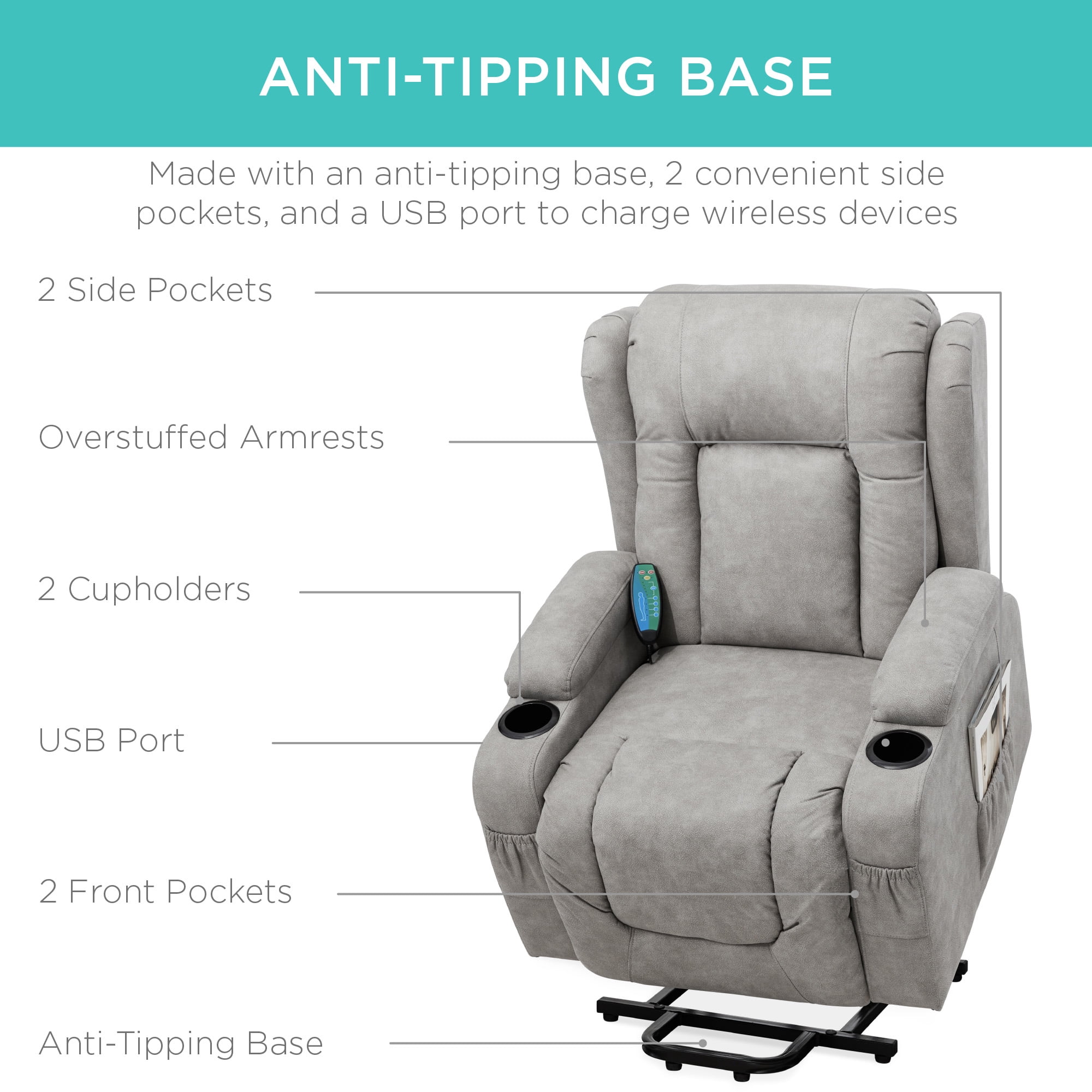 Best Choice Products Electric Power Lift Recliner Massage Chair Furniture w/ USB Port, Heat, Cupholders - Gray