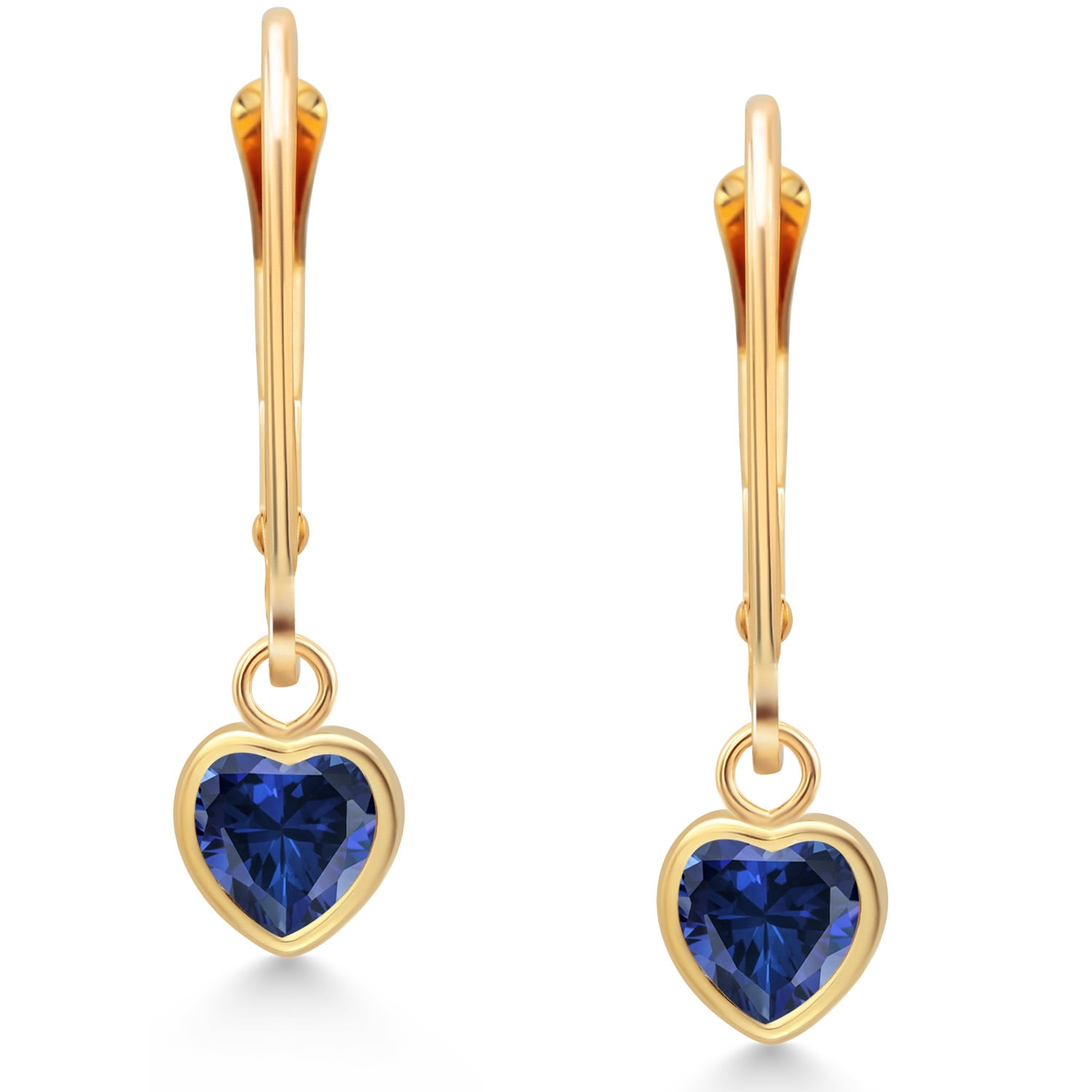 Gem Stone King 14K Yellow Gold Blue Created Sapphire Drop Dangle Leverback Earrings for Women (1.00 Cttw, Gemstone September Birthstone, Heart Shape 5MM)