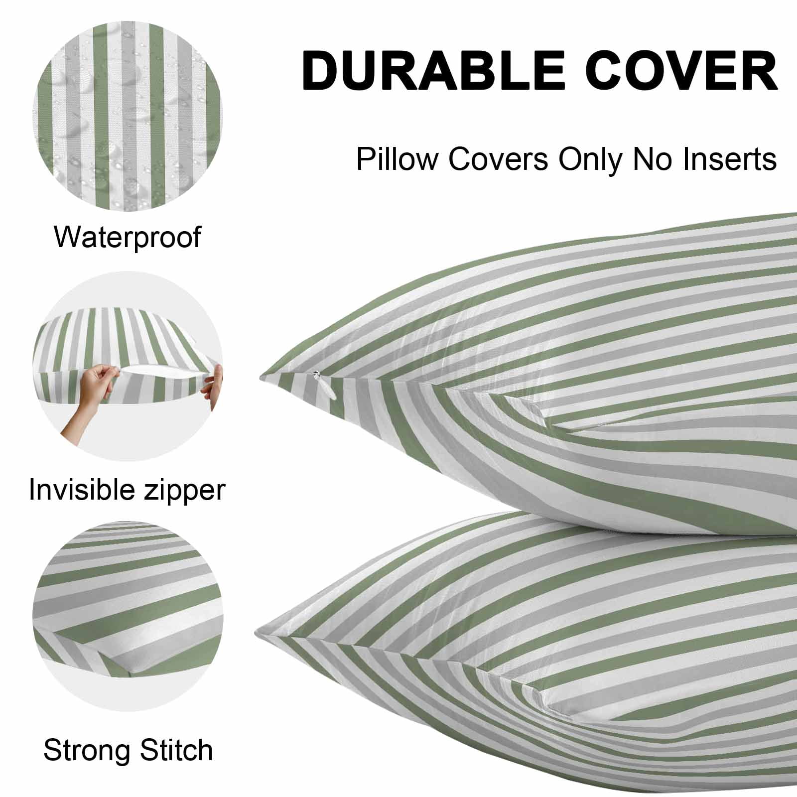 Outdoor Waterproof Throw Pillow Covers Set of 2 Sage Green Gray Stripes Decorative Pillowcases Lumbar Outdoor Pillows Cushion Case 20x12 Inch Lines Striped Patio Pillows for Couch Sofa Bed Garden