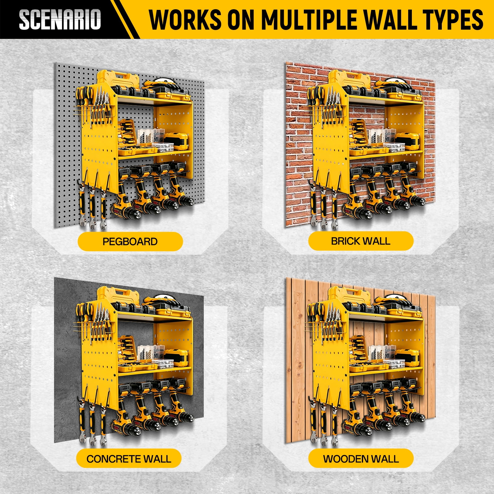 Power Tool Organizer Wall Mount, 4-Layer Drill Storage Shelf with Hooks,Screwdriver,Drill Bit Heavy Duty Rack Yellow