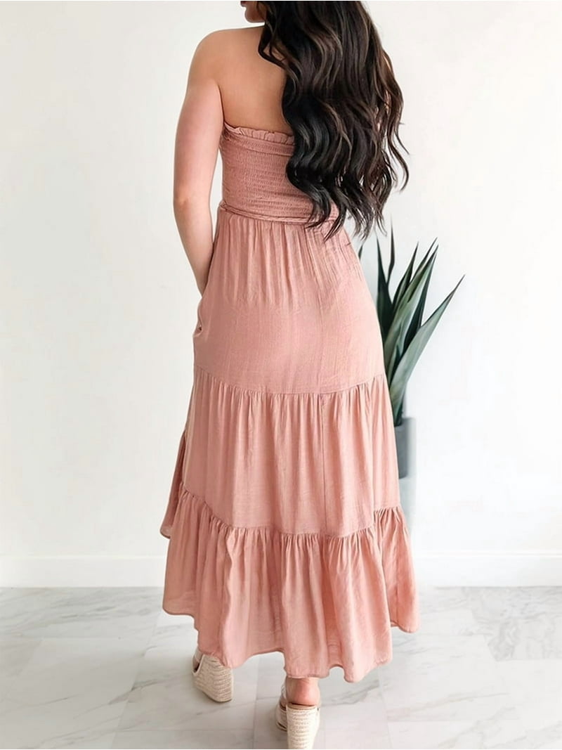 casual coral maxi dress Vivid Eden Women's Halter Neck Hollow Out Backless A-Line Printed Boho Maxi Dress,Coral Summer Beach Vacation Holiday Outfits,Casual Pink Long Beach Dress