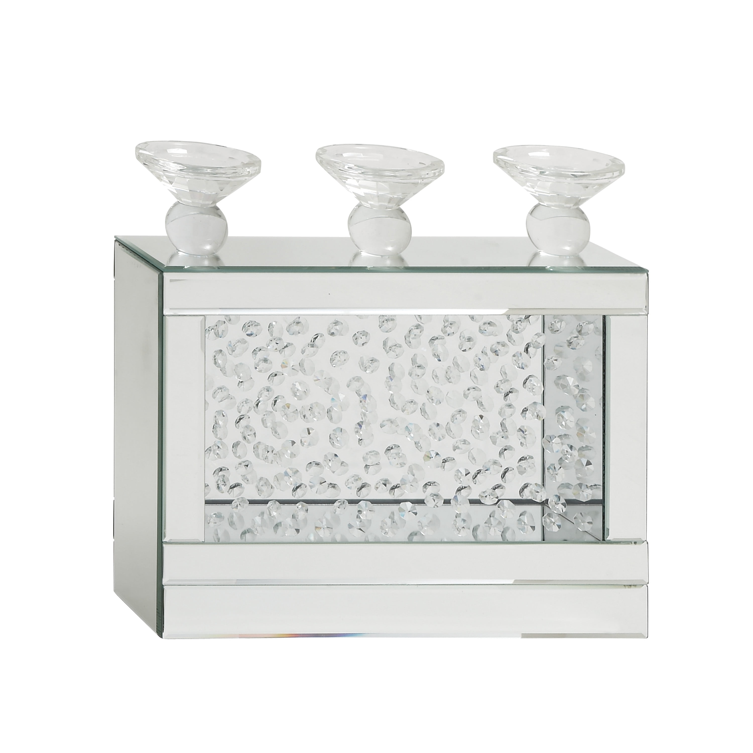 DecMode 3 Holder Silver Wood Pillar Candelabra with Mirrored Accents and Crystals