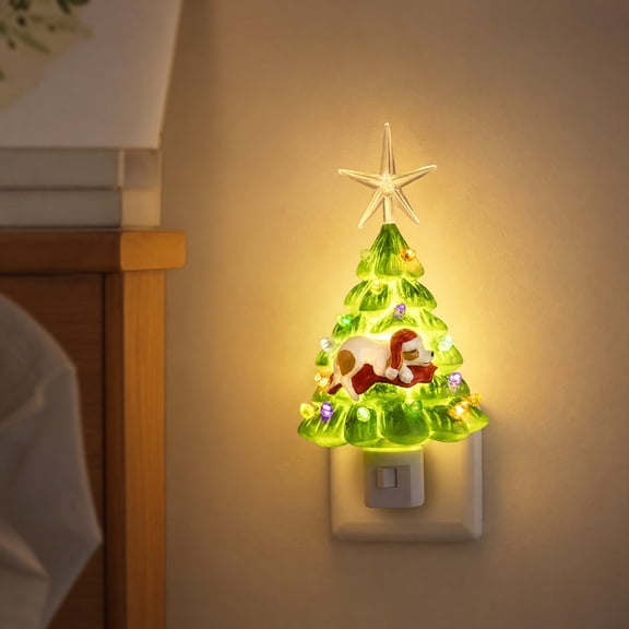 Tarmeek Christmas Tree Night Light with Sleeping Dog, Vintage Resin Wall Lamp Plug In for Holiday Decoration, Warm Multicolor Tree Light for Home Decor, Cute Ceramic Style Wall Mounted Lamp