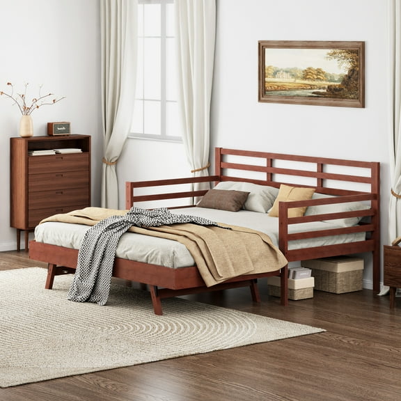 Soges Twin Size Wood Daybed with Pop Up Trundle, Platform Bed Sofa Bed Frame with Adjustable Trundle for Bedroom Living Room, No Box Spring Needed, Brown