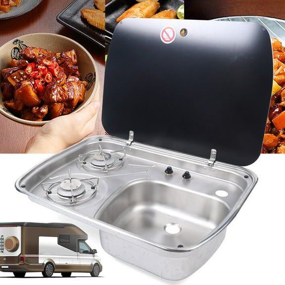 Miumaeov 2 Burner LPG Stainless Steel Sink Combo Cooktop Boat Caravan RV Camper Gas Stove Hob with Glass Lid