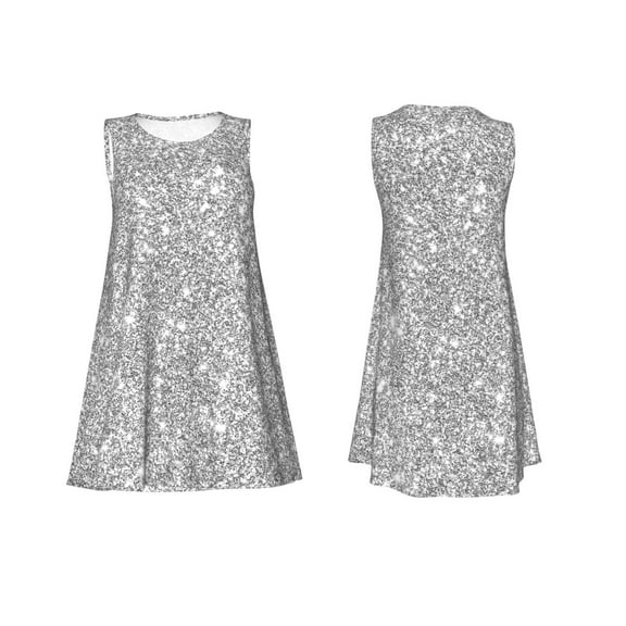 Horeoi GlitterSilver Print Women's Sleeveless Dress Cotton-like Flared Hem Deep Side Pockets Above-Knee
