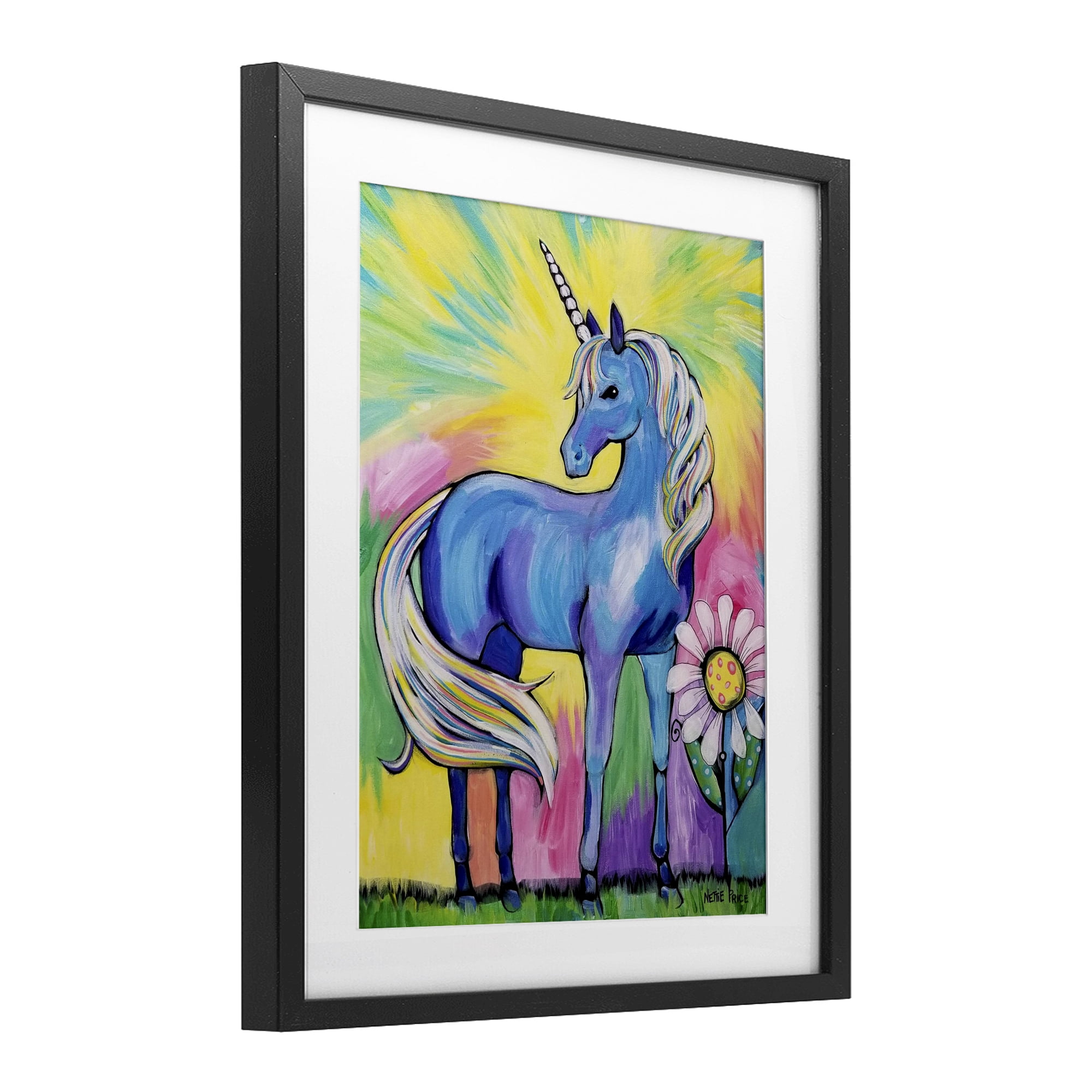 Stupell Industries Magical Unicorn in Rainbow Meadow Black Framed Print Under Glass, design by Nettie Price