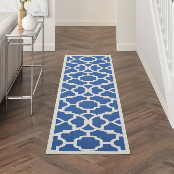 Waverly Sun N' Shade Indoor/Outdoor Modern Trellis Lapis 2'3" x 8' Area Rug, Easy Clean, Eco-Friendly, Bed Room, Living Room, Dining Room, Hallway, (8' Runner)