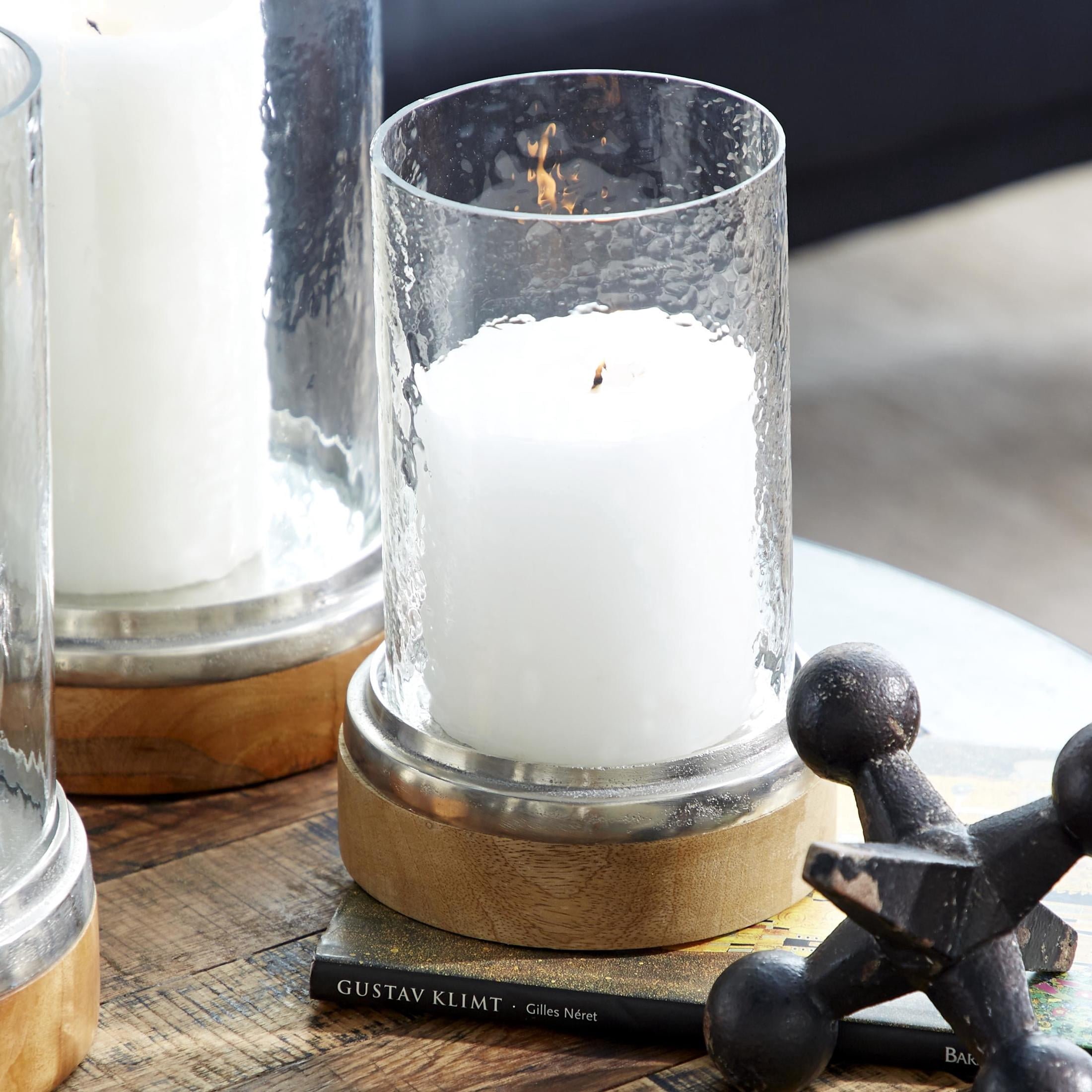 DecMode 3-Slot Brown Wood Pillar Hurricane Lamp with Glass Candle Holders, Set of 3