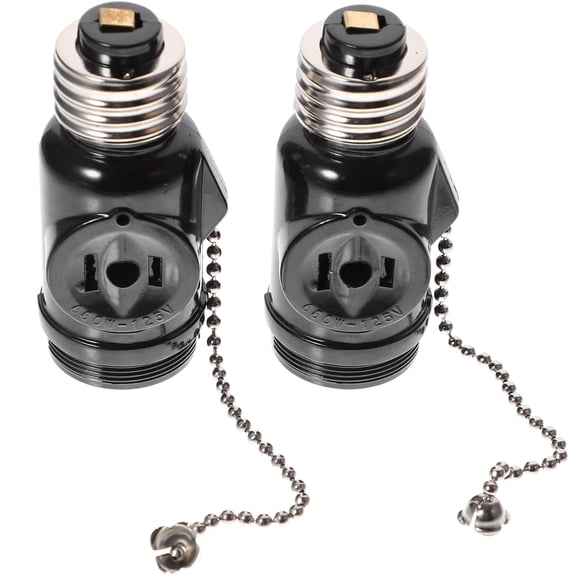 BRIGHTFUFU 2pcs E26 Lamp Bases Adapter Bakelite Bulb Light Holder Two Outlet Screw Socket with Pull Chain (Black)