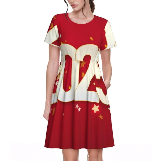 Fotbe Happy New 2025 Year Vestido Largo de Moda para Mujer, Vestido Tipo Camiseta con Manga Corta y Estilo Casual a Rayas y Bloques de Color