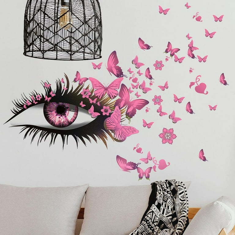 Fancy Beautiful Butterflies Wall Art Long Eyelashes Eye PVC Sticker for  Bedroom Heart Decor Couple Lovers Living Room Home Mural DIY PVC Decorations  Pink 