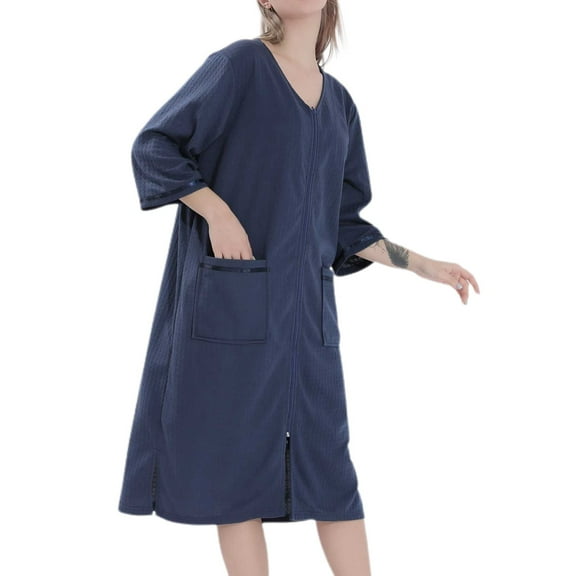 SWSMCLT Women's House Coat Soft Robe Knee Length V Neck Housecoat 3/4 Sleeve Cool Nightgown Pocket Zip Up Zipper Lightweight Waffle House Dress Navy Small