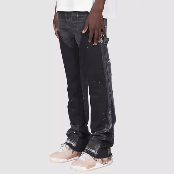 WAENQINLA Jeans for Men Stacked Flared Jean Y2K Baggy Streetwear Trendy Denim Pants Mid Waist Button Loose Fit Hip Hop Jeans Patchwork Stylish Trousers