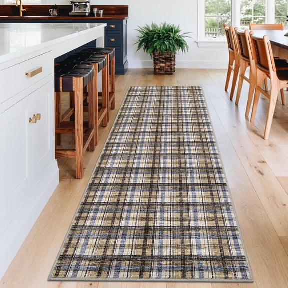 2x8 Washable Runner Rug, Low Pile Plaid Area Rug with Non Slip TPR Backing, Soft Faux Wool Hallway Carpet for Kitchen, Entryway, Bedroom, Laundry Room,Blue Camel