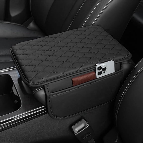 Babiora Universal Car Center Console Armrest Cover for Vehicle, Black PU Leather Pad Protector With 2 Storage Bag,Summer Deals