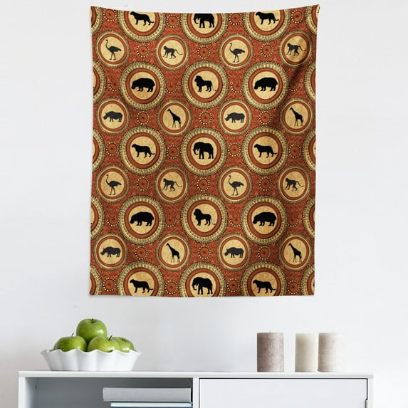 Safari Tapestry, Medallion Pattern of Monkey Giraffe Lion African Inspired Design, Fabric Wall Hanging Decor for Bedroom Living Room Dorm, 5 Sizes, Mustard and Brown, by Ambesonne