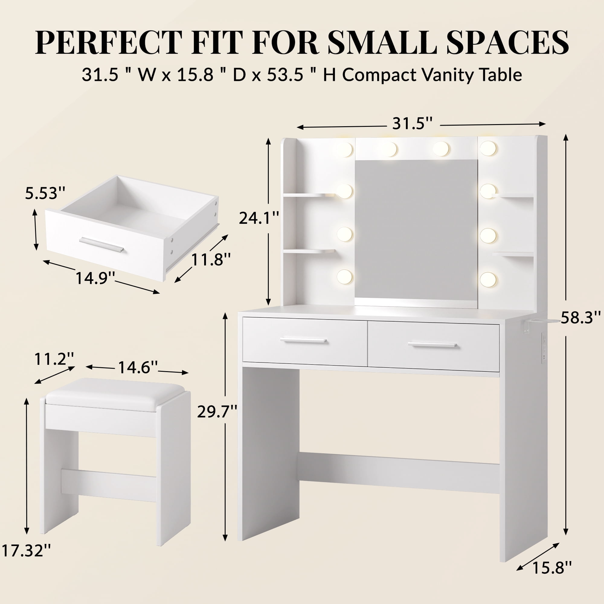 Homall Makeup Vanity Set with Mirror & Stool, Vanity Desk with LED Lights & Fast-Charging Outlet, Vanity Table for Bedroom Dressing Room, White