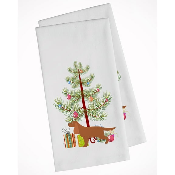 English Cocker Spaniel Merry Christmas Tree White Kitchen Towel Set of 2 Dish Towels