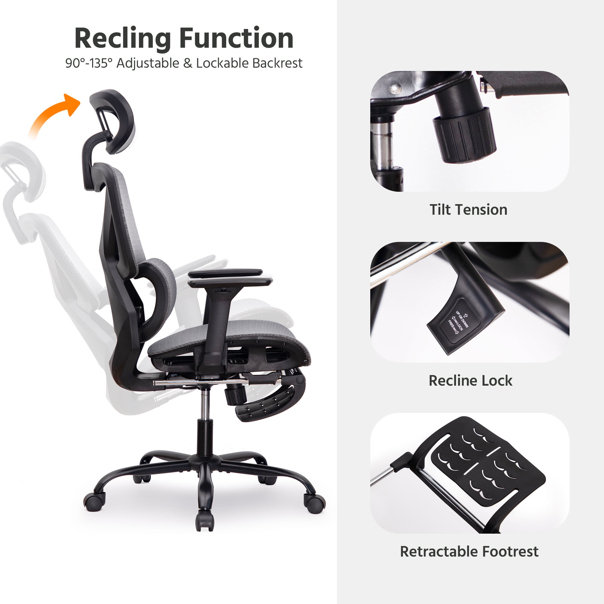 LAUSAINT HOME Ergonomic Office Chair,  High Back Desk Chair with Adjustable Lumbar Support & Retractable Footrest, Black
