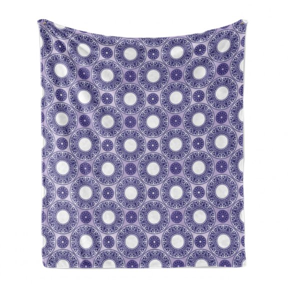 Oriental Soft Flannel Fleece Throw Blanket, Monochrome Layout of Floral Round Compositions in Violet Tones, Cozy Plush for Indoor and Outdoor Use, 50" x 70", Lavender Indigo, by Ambesonne